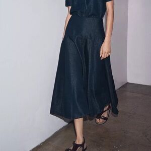 Zara Navy Blue Midi Flared Skirt